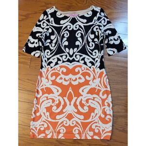 ELIZA J Dress Women Size 8 Peach, White & Navy Scroll Design Short Sleeve